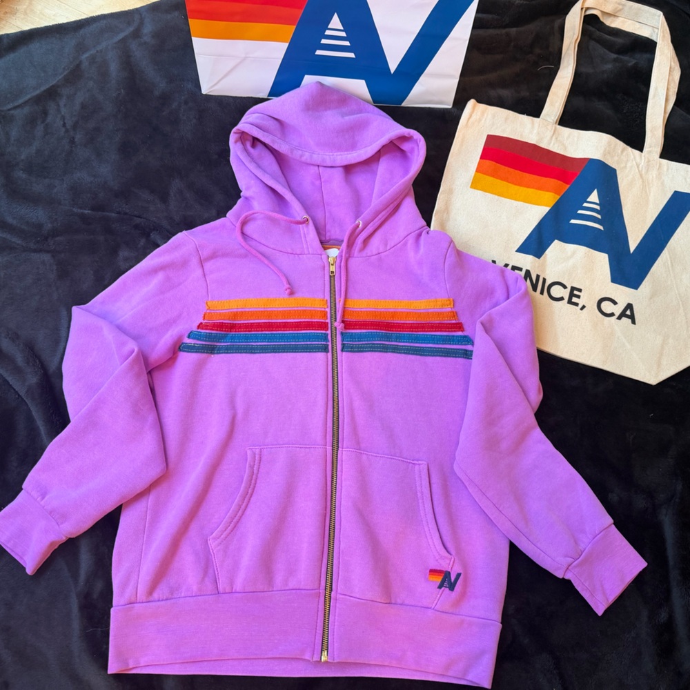 - NWT AVIATOR NATION UNISEX 5 STRIPE HOODIE Size Neon Purple Small + Tote Bag
